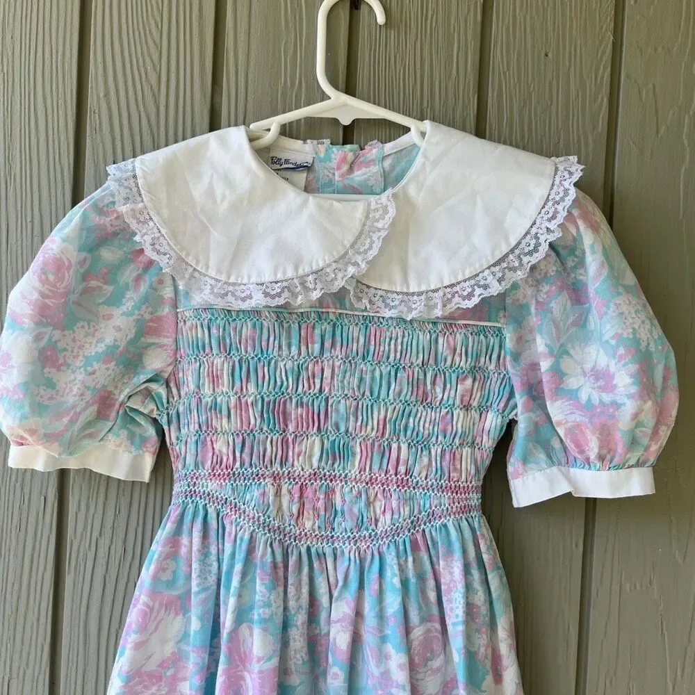VTG Polly Flinders Pastel Floral Smocked Prairie Dress Girls 7 Lace Collar
